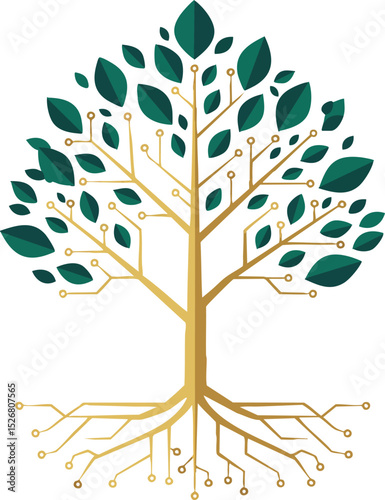 Tree with digital circuit branches and green leaves symbolizing technology nature connection concept vector illustration 