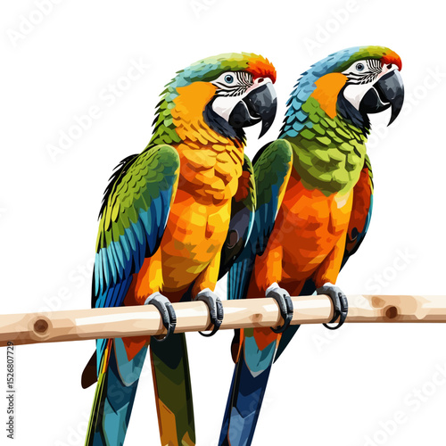 Two colorful Macaws perched on branch-Vibrant parrots art-Tropical birds illustration-Exotic wildlife image-Perfect for nature lovers-Eye catching plumage colors