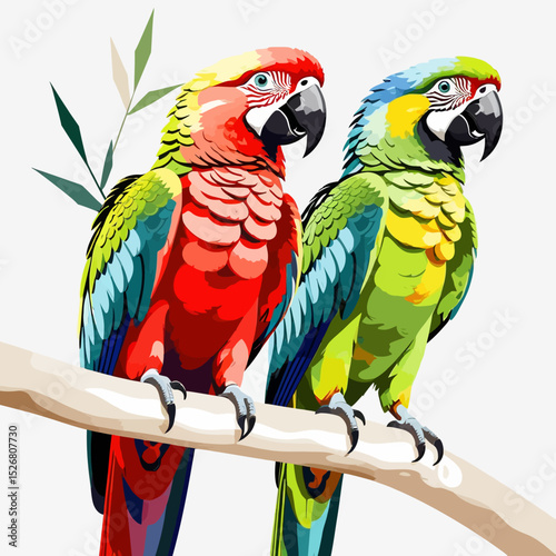 Two Colorful Macaws Perched on a Branch-Vibrant Red and Green Parrots-Exotic Bird Art-Tropical Wildlife Illustration-Beautiful Feathered Friends-Nature Photography