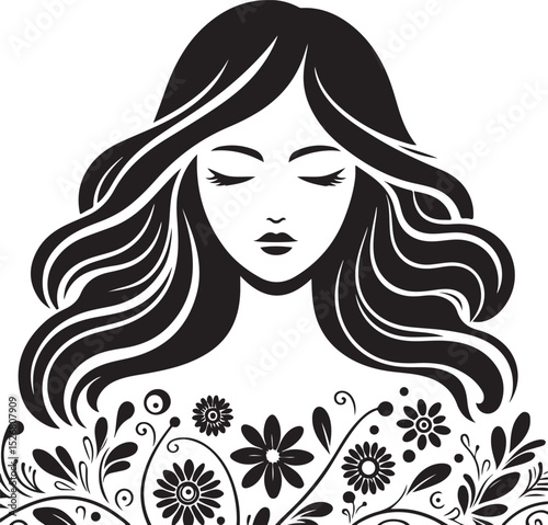 Minimalist Womans Silhouette with Closed Eyes, Long Wavy Hair, and Floral Pattern  Beauty Vector Design new 2025 trendy unique