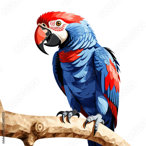 Vibrant Macaw Parrot Illustration-Beautiful Red and Blue Bird-Exotic Wildlife Artwork-Colorful Tropical Bird on Branch-Eye Catching Parrot Graphic Design