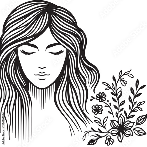 Elegant Womans Silhouette with Closed Eyes, Long Wavy Hair, and Minimalistic Floral Pattern  Vector Design for Beauty and Spa new 2025 trendy unique