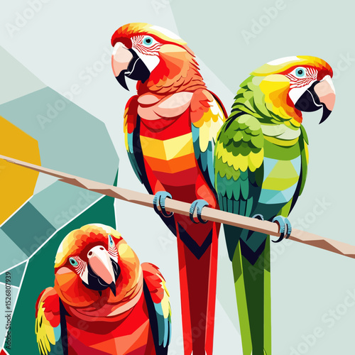 Vibrant Parrot Trio on Branch-Colorful Macaw Illustration-Abstract Bird Art-Tropical Wildlife Decor-Unique Polygonal Design-Exotic Avian Print-Eye Catching Artwork