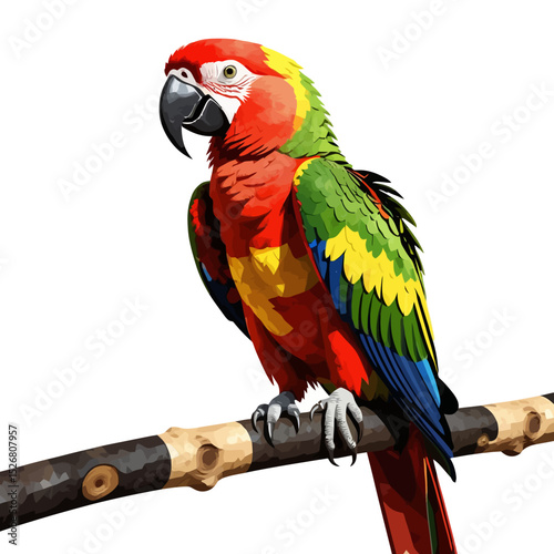 Vibrant Scarlet Macaw Perched on Branch-Stunning Tropical Bird with Colorful Plumage-Exotic Parrot Isolated on White Background-Wildlife Photography-Bird Watching-Nature Image