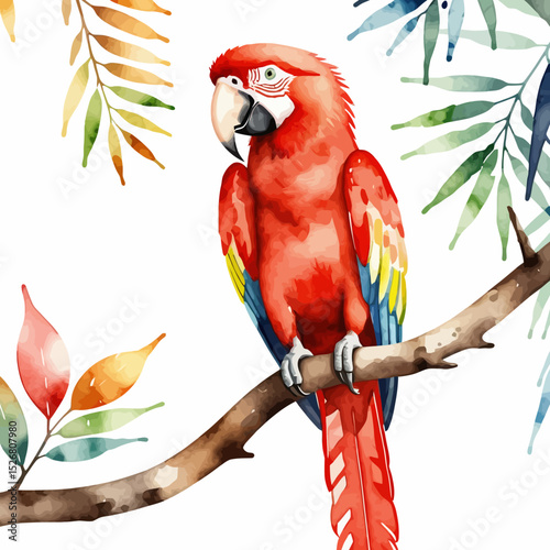 Vibrant Watercolor Parrot Art-Scarlet Macaw Perched on Branch-Tropical Bird Illustration-Colorful Leaves and Feathers-Exotic Wildlife Painting-Jungle Theme Decor