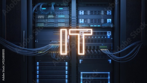 IT word with server racks in data center. Technology and network.