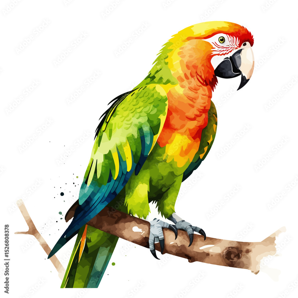 Fototapeta premium Watercolor Parrot Illustration-Tropical Bird Art-Exotic Animal Painting-Green Yellow and Orange Macaw Perched on Branch-Vibrant Bird Portrait-Nature Artwork