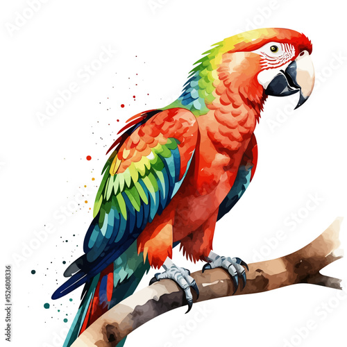 Watercolor Macaw Painting-Vibrant Parrot Illustration on Branch-Colorful Bird Art-Tropical Wildlife Artwork-Exotic Bird Portrait-Unique Wall Decor-Artistic Home Accents