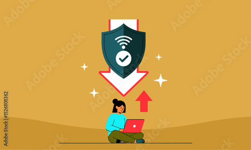 Secure Data Download and Upload.  Person with laptop, download/upload arrows, and secure Wi-Fi shield: secure data transfer, especially downloads.