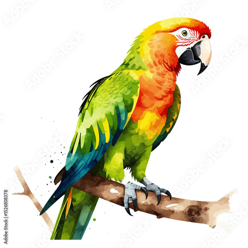 Watercolor Parrot Illustration-Tropical Bird Art-Exotic Animal Painting-Green Yellow and Orange Macaw Perched on Branch-Vibrant Bird Portrait-Nature Artwork