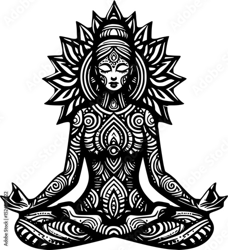 Ornamental Meditative Goddess in Lotus Pose – Tribal Style Vector Illustration