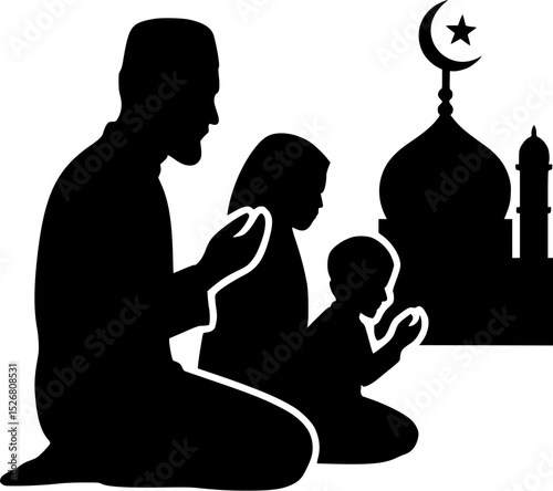 Muslim Family Praying Silhouette with Mosque – Islamic Ramadan or Eid Concept Vector