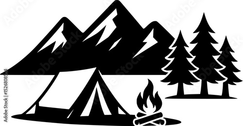 Camping in the Wilderness with Mountains and Campfire – Nature Adventure Scene