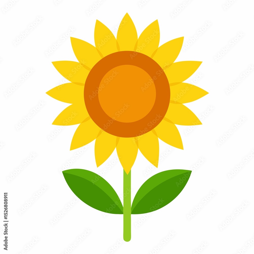 Fototapeta premium Simple and Cheerful Sunflower Illustration with Yellow Petals and Green Leaves on a White Background