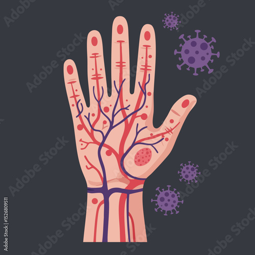 Human hand anatomy showing veins and capillaries with virus particles vector illustration in medical concept 