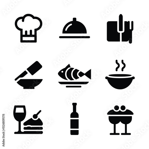vector icons cooking food chef hat include a pizza slice, a sushi roll, spaghetti and meatballs, a curry bowl burger , fish 
