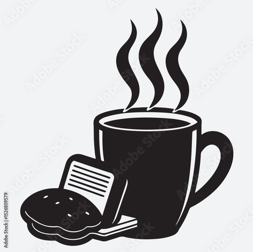 hot coffee or tea with snacks silhouette vector art illustration, cup of coffee with steam