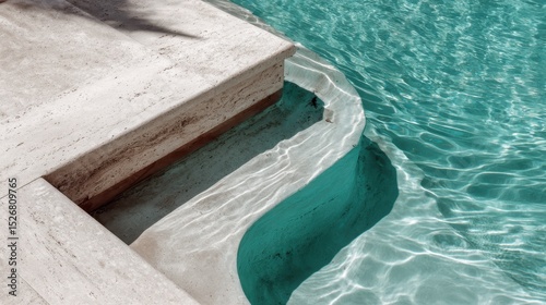 Bright sunlight casting golden reflections on crystal clear turquoise pool water, highlighting polished travertine marble steps with serene, luxurious ambiance