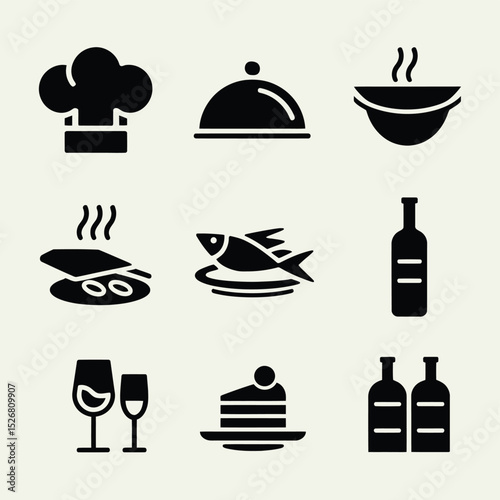 vector icons cooking food chef hat include a pizza slice, a sushi roll, spaghetti and meatballs, a curry bowl burger , fish 
