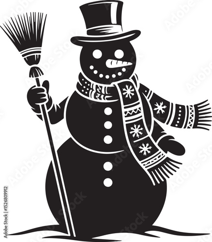 Snowman Silhouette with Scarf and Broom, a Delightful Winter Holiday Art Design, Ideal for Frosty Fun Decor and Snowy Illustration