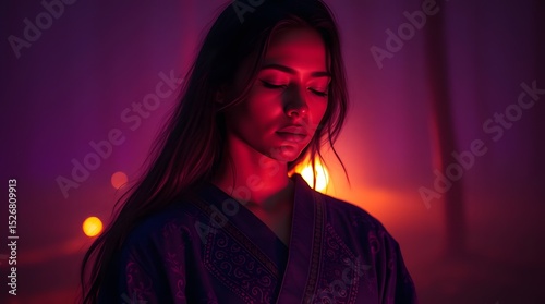 Elegant woman in red dress posing in a studio setting