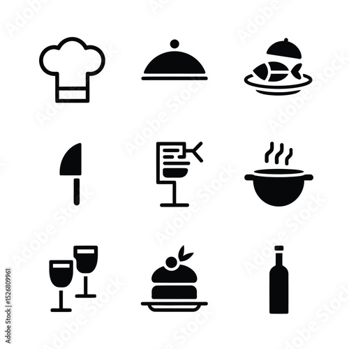 vector icons cooking food chef hat include a pizza slice, a sushi roll, spaghetti and meatballs, a curry bowl burger , fish 
