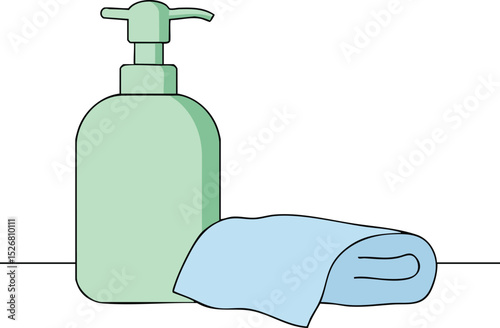 Hand soap dispenser with blue towel for hygiene and cleaning routine vector illustration