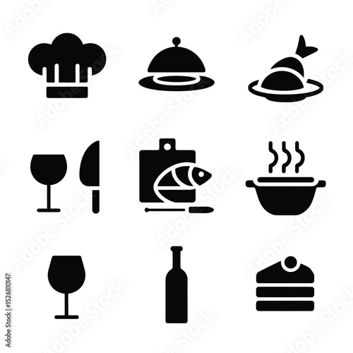 vector icons cooking food chef hat include a pizza slice, a sushi roll, spaghetti and meatballs, a curry bowl burger , fish 
