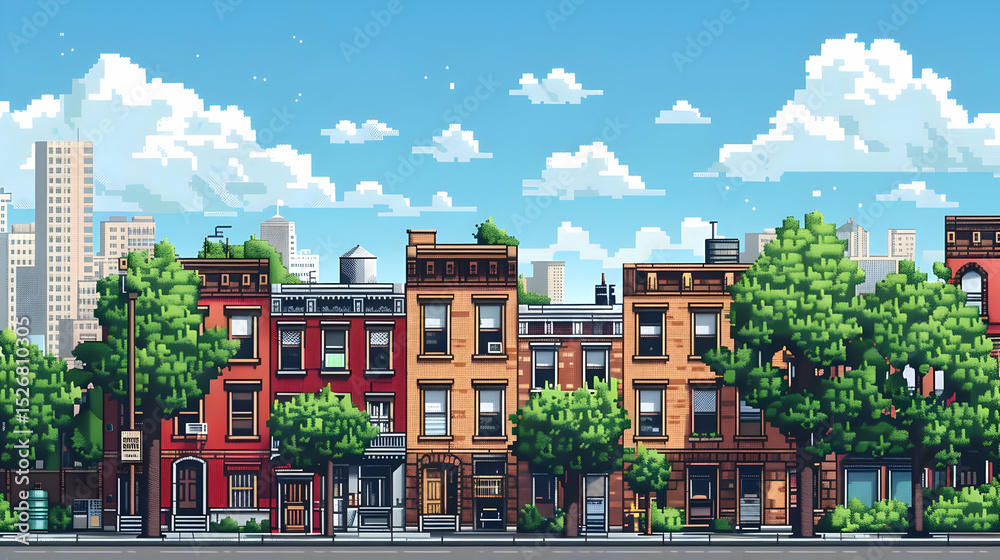 Obraz premium Pixel Art City Street on a Sunny Day
