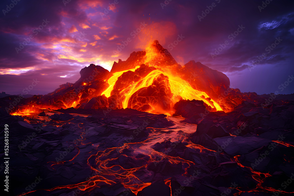 Fototapeta premium Majestic volcanic eruption with lava flow at twilight illuminating the rocky landscape
