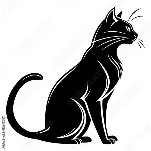 Elegant Silhouette of a Domestic Cat: A sleek, black cat in a poised sitting position against a pure backdrop, evoking a sense of grace and independence, a perfect minimalist emblem.