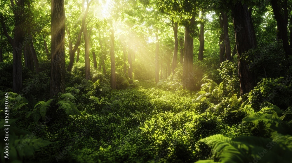 Obraz premium Lush green forest with dappled sunlight filtering through leaves, woods, sunlight