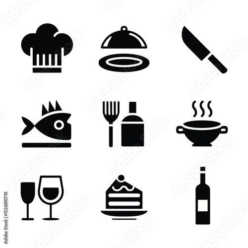vector icons cooking food chef hat include a pizza slice, a sushi roll, spaghetti and meatballs, a curry bowl burger , fish 
