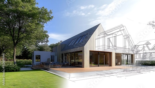 Detailed architectural model of house sits on blueprints, showcasing construction plans and rolled up drawings