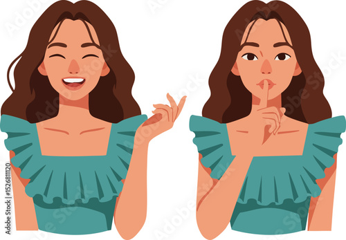 Woman showing happy and silence gestures in teal dress vector illustration for communication concept