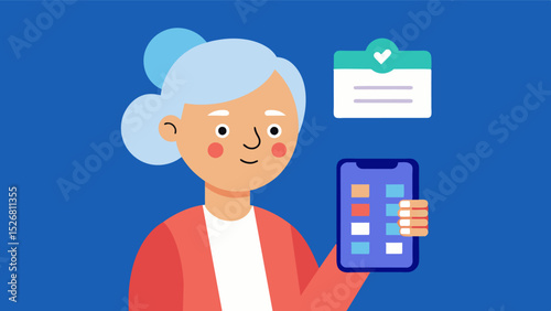 An elderly woman using a smartphone app to book and track her doctors appointments eliminating the need for physical reminders or paperwork.. Vector illustration