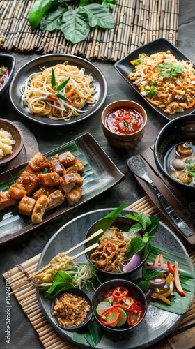 Savoring asian cuisine a vibrant food spread on a rustic table