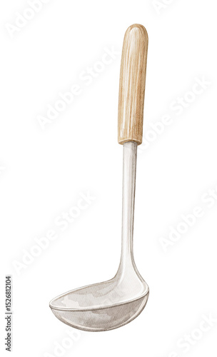 Cartoon cute cooking  culinary metal kitchen soup ladle with wooden handle isolated on white background. Watercolor and pencil hand drawn illustration sketch