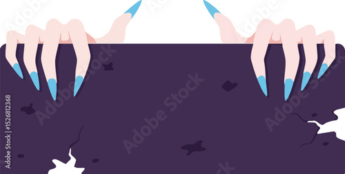 Hands with blue nails gripping dark torn fabric or paper vector illustration in spooky style 