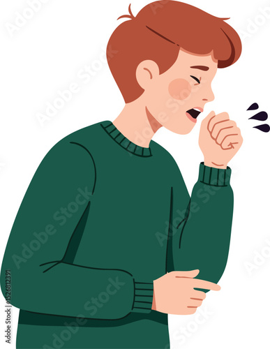 Young man coughing wearing green sweater illustrating cold or flu symptoms and health concern vector illustration 