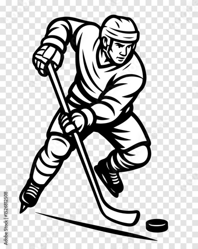 A hockey player is shown in a black and white drawing, holding a hockey stick