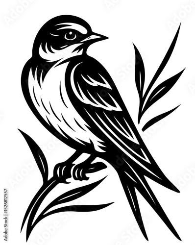 A black and white martin bird is perched on a leafy branch