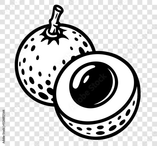 A black and white drawing of a fruit with a stem and a hole in the middle
