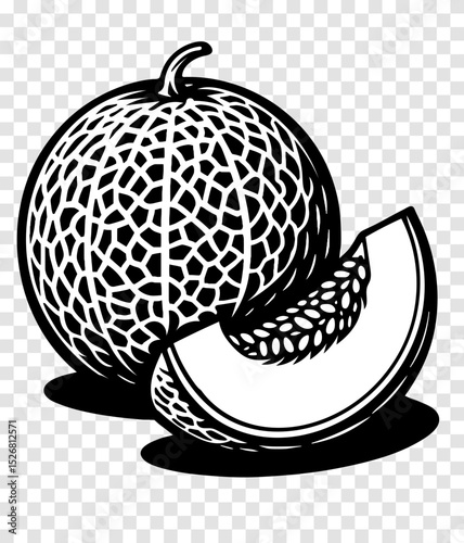 A black and white drawing of a melon with a slice missing