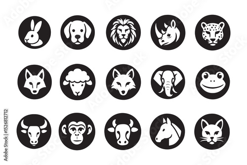 Animal head icons set, collection of round black and white logos with wild, farm and pet animals, vector illustration