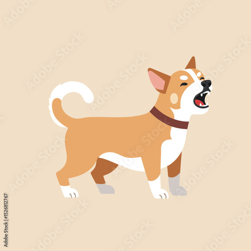 Shiba Inu dog barking vector illustration with brown and white fur and curled tail in profile view 
