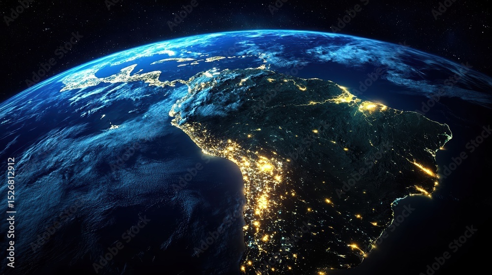 Obraz premium A mesmerizing satellite view of South America at night, showcasing the continentâs bustling metropolises vividly lit against the darkened earth from space.