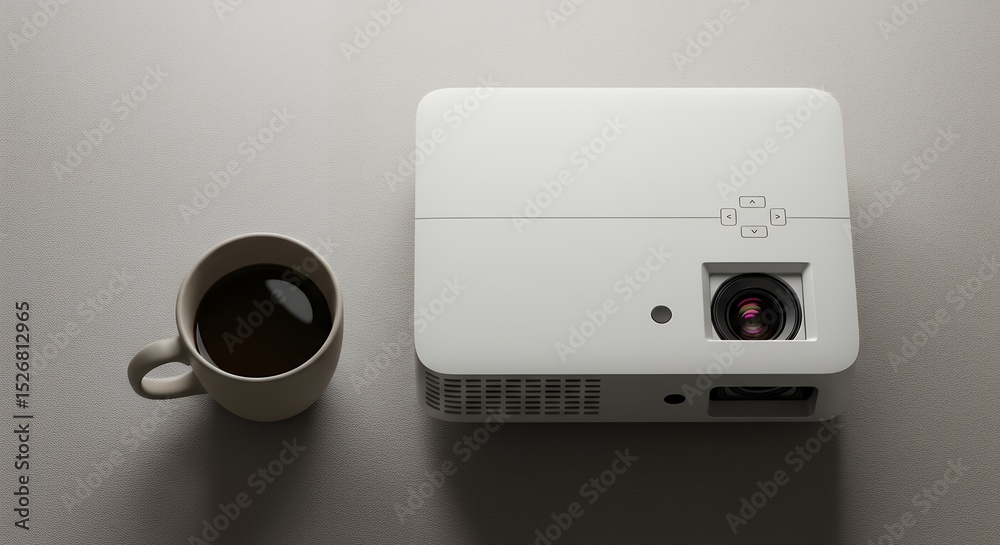 Obraz premium Portable projector and coffee cup on light surface