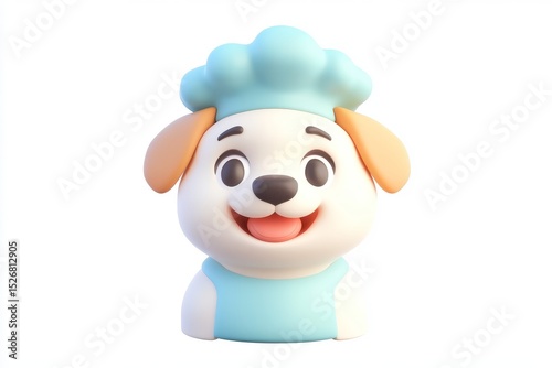 3D cartoon dog chef hat icon with blue apron and meatball red accents in ultra high definition isometric view on white background photo