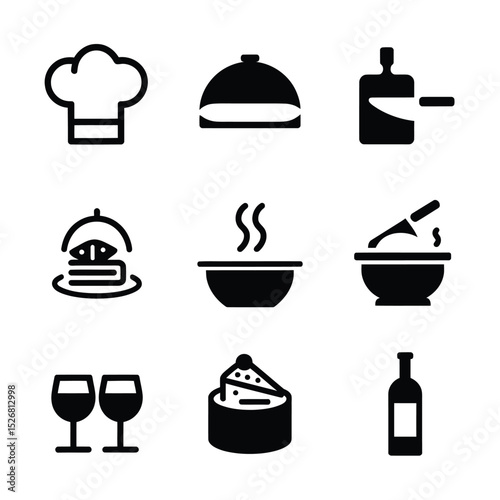 vector icons cooking food chef hat include a pizza slice, a sushi roll, spaghetti and meatballs, a curry bowl burger , fish 
